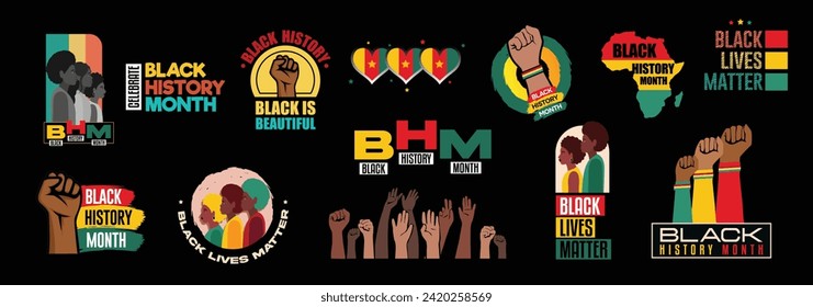 Black History Month Logo, Stickers Design Collection. Black History Month Vector Set Illustration.