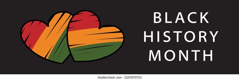 Black History Month long horizontal banner with Heart symbol with hand drawn stroke, 3 stripes colors of African flag, simpe text logo. African heritage celebration vector template design