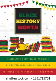 Black History Month motivational poster with young African boy reading books about great achievers in civil rights, science, literature, low, art, sport, medicine, innovations. Vector illustration.