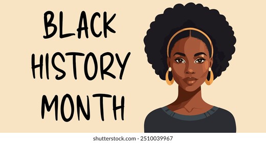 Mês da História do Negro Americano. Evento de outubro. Retrato de mulher negra com texto isolado no fundo claro, faixa horizontal. Tipografia vetorial para cartões de saudação, banners ou impressão.