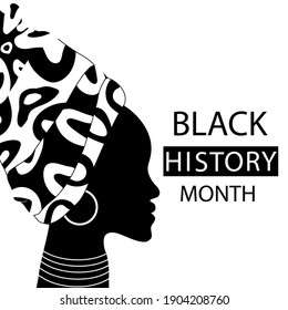 Black History Month on white. Lettering layout design, woman silhouette. Vector illustration. Eps 10.