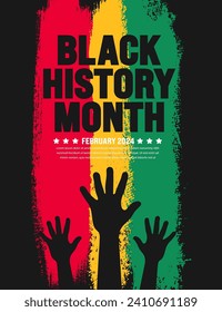 Black history month paint brush stroke flag with protest power strong hand raised portrait background. Celebrated February in united state and Canada. Juneteenth Independence Day. Kwanzaa