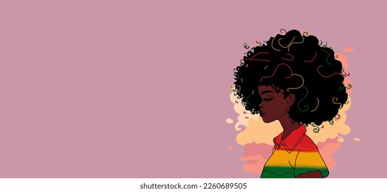 Black history month. Portrait profile of an African American girl, color illustration. Black history month banner with woman silhouette and copy space for text.