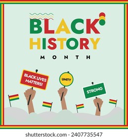 Black history month post people holding flags and sign boards with black lives matter and unity written. Black people rights protest. African American Rights. Flag of black people. Vector Illustration