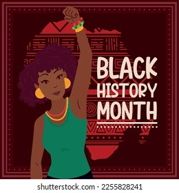 Black history month poster Afro american girl raising hand Vector illustration