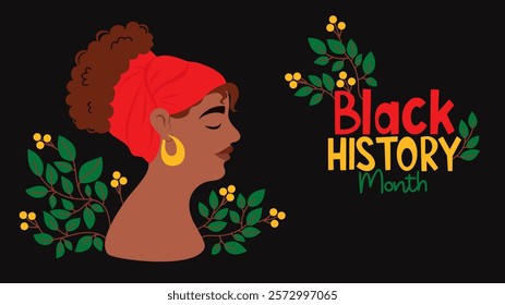 Black History Month poster. Cute African American woman in profile with leaves. Vector illustration. Flat Horizontal background template. Annual celebration in february in USA, Canada october in UK