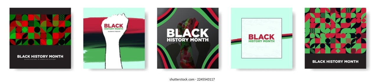 Black History Month Poster Greeting Card Design Set. Arm raised in the air. Black, red, green geometric pattern. Vector Illustration. EPS 10.
