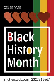 Black History Month poster with line decoration, bright colors, hearts and text on a black background.