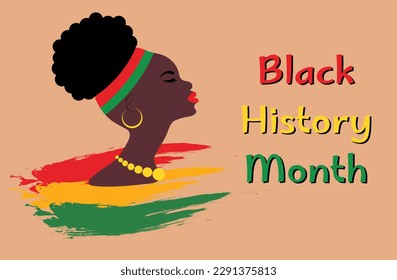 Black History Month poster. Silhouette of African woman in profile with earrings and beads. Pan-African colors flag. Traditional turban hairstyle with a tribal ethnic motif. 