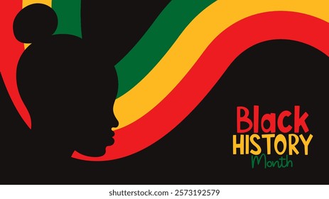 Black history month poster. Silhouette of profile african american woman and red, yellow and green flag. Vector illustration. Horizontal festive template for background, card, banner