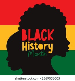 Black History Month poster. Silhouettes of two african american people on red, yellow and green national flag background. Vector illustration. Square template for card, banner