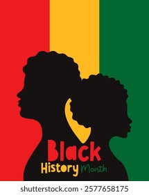 Black History Month poster. Two silhouette profile people on red, yellow green flag. Vector illustration. Vertical minimalistic banner. Annual celebration in february in USA and Canada october in UK