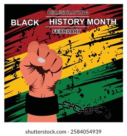 Black History Month with a raised fist breaking chains, surrounded by red, yellow, and green hues, portraying freedom, empowerment, and cultural celebration. Flat vector modern illustration 