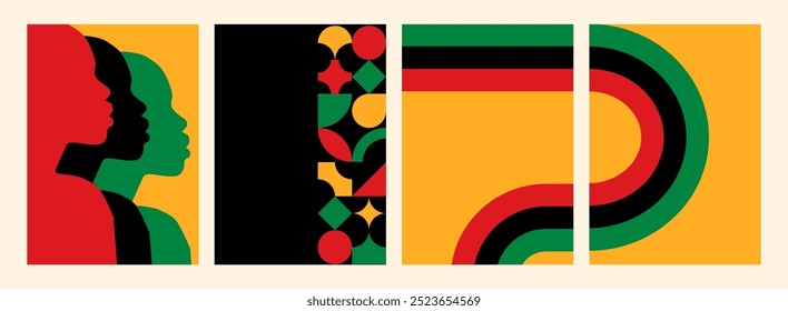 Conjunto de póster de estilo retro del mes de historia negro. Anuncio del día de la libertad de Juneteenth con audaces Formas geométricas brutalistas. Perfil de hombres con concepto de igualdad racial en la bandera panafricana.