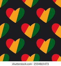 Black History Month seamless pattern. A print with hearts in traditional African colors - red, yellow and green. Juneteenth background.