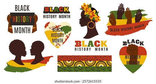 Black history month. Set of African American icons. Independence and unity concept. Equality elements. Beautiful black woman. African American History. Vector Illustration for poster, banner, flyer