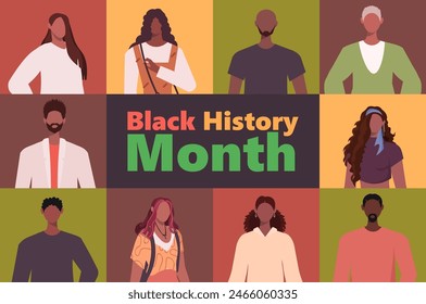 Black history month. Set of portraits African American men and women in casual clothes in collage mosaic collection. Modern young persons avatars.  Flat vector illustration isolated over multicolored 