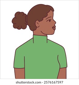 black history month. Side profile of a young Black woman with natural hair in a green shirt. Showcasing style and poise