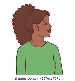 black history month. A side profile of a young Black woman with voluminous curly hair in a green shirt. Embracing natural beauty