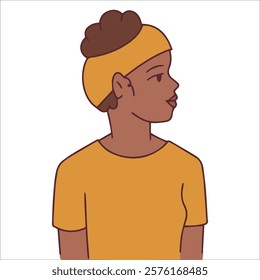 black history month. A side view of a young Black woman with a yellow headband and matching outfit. A cheerful and stylish look