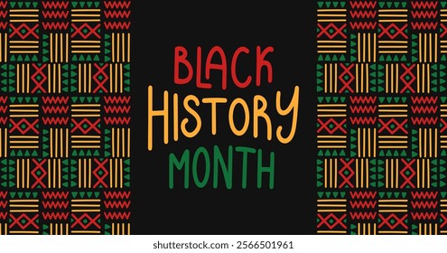 Black history month simple banner. Ethnic pattern with lettering. African-American Independence Day Background. Holiday template for card, poster. Vector flat illustration.