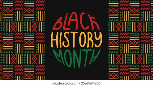 Black history month simple banner. Ethnic pattern with lettering. African-American Independence Day Background. Holiday template for card, poster. Vector flat illustration.