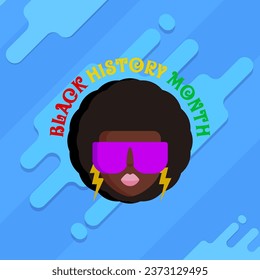 Black history month square banner with stylized afro American woman face isolated on blue background. Black history month poster, flyer, background with pretty african modern girl with sunglasses