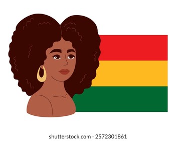 Black History Month. Sweet curly African American woman with red, yellow, green flag. Vector illustration. Holiday in February in USA, Canada October in UK. Flat festive character girl