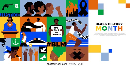 Black history month template, flat cartoon mosaic illustration of african american people, social isssues event. Diverse men and women characters fighting for justice and police discrimination. 