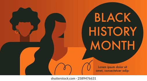 Black history month template with two silhouette dark skinned face head. Abstract minimal vector illustration of black African, African American beautiful women. Racial equality, emancipation concept