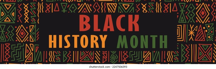 Black History Month text lettering logo. Horizontal banner design with African ethnic tribal clash ornament pattern background Vector illustration. African American heritage.