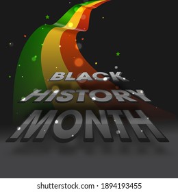 Black History Month Text With Tricolor Ribbon Flag And Bokeh Effect On Dark Grey Background.