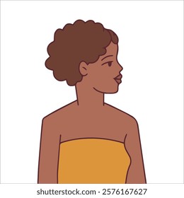 black history month. A thoughtful side profile of a young Black woman in a strapless outfit. Celebrating natural beauty and individuality