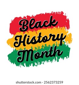 Black History month typography vector illustration with red, yellow, green brush strokes on white background. African American holiday celebration banner, poster, template.