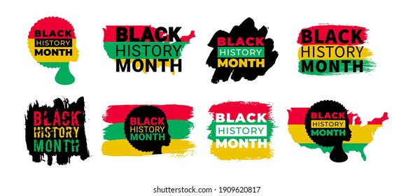 Black History Month. Vector African American History Designs set with African Woman, text, USA America map for poster, print, card, banner, background