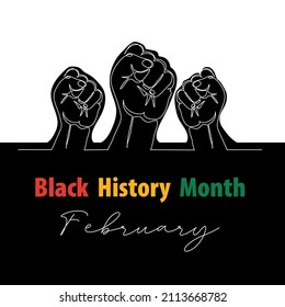 Black History Month vector banner, poster, card with fists. One continuous line art drawing illustration with hands, arms.