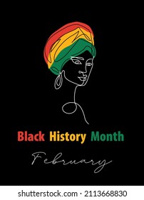 Black History Month vector banner, poster, card with african woman. One continuous line art drawing illustration for Black History Month celebration.