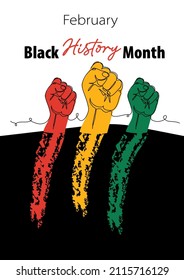 Black History Month vector banner, poster, card with fists. One continuous line art drawing illustration with hands, arms.