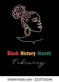 Black History Month vector banner, poster, card with african woman. One continuous line art drawing illustration for Black History Month celebration.