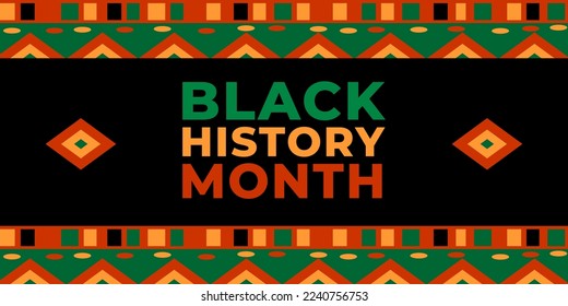 Black history month vector banner. Art with African colors and pattern. African-American History Month illustration for social media, card, poster. Ornament on black background.