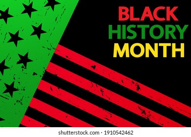 Black History Month Vektorkonzept, Banner, Poster. Moderne, rote, grüne, gelbe Schrift auf dunklem, grauem Hintergrund mit amerikanischer Flagge.