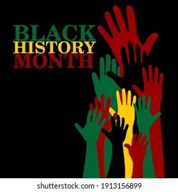 Black History Month vector illustration with diverse hands on an isolated black background