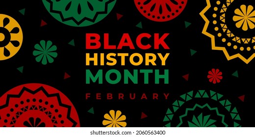 Black history month. Vector web banner, poster, card for social media, networks. Abstract decoration and text Black history month, february on black background.