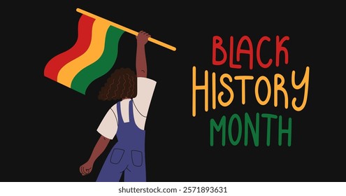 Black history month web banner. African-American woman with flag. Holiday Background. Month of memory Background. Holiday template for card with lettering. Vector flat illustration.