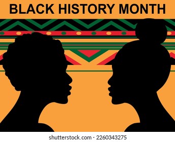 Black history month. Woman and man silhouettes with geometric pattern in green, yellow and red colors. African American History. Celebrated annual.