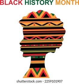 Black history month. Woman silhouette with geometric pattern in green, yellow and red colors. African American History. Celebrated annual.