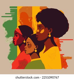 Mes de historia negra o pancarta vectorial de celebración del día de la mujer. Ilustración del Mes de la Historia Afroamericana para medios sociales, tarjeta, afiche. Arte en amarillo rojo y verde con tres mujeres negras étnicas.