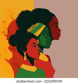 Black history month or woman's day celebration vector banner. African-American History Month illustration for social media, card, poster. Art in red yellow and green with three ethnic black women.