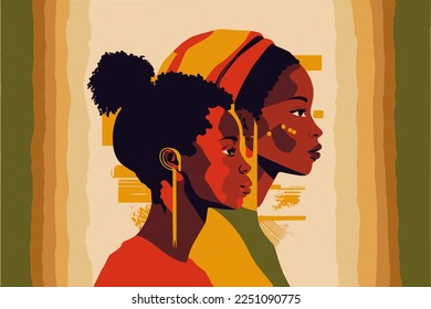 Black history month or woman's day celebration vector banner. African-American History Month illustration for social media, card, poster. Art in red yellow and green with three ethnic black women.