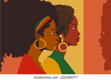 Black history month or woman's day celebration vector banner. African-American History Month illustration for social media, card, poster. Art in red yellow and green with three ethnic black women.